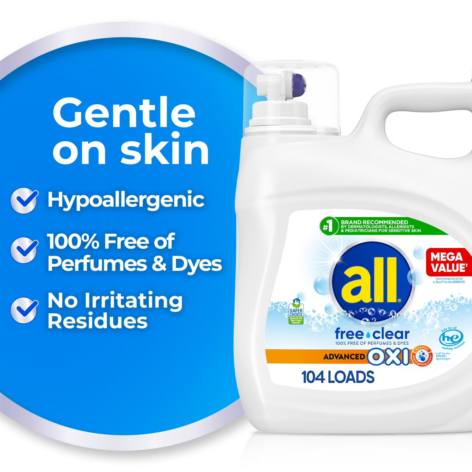 All Free Clear Liquid Laundry Detergent, Oxi, 154oz, 103 Loads