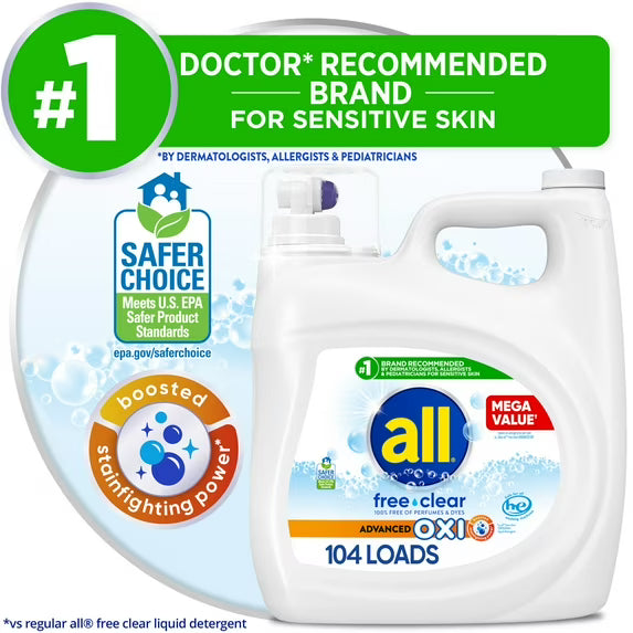 All Free Clear Liquid Laundry Detergent, Oxi, 154oz, 103 Loads
